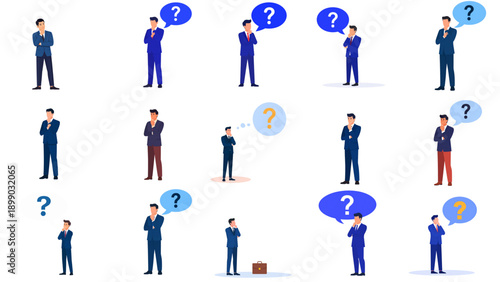 Set of Full-Body Flat Vector Illustrations Showing a Businessman with a Question Mark Thought Bubble, Representing Corporate Strategy, Critical Thinking and Decision-Making Processes