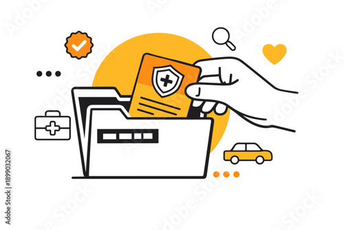 Hand placing medical document in folder with healthcare and security icons