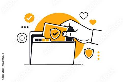 Digital security concept with hand holding shielded card and folder