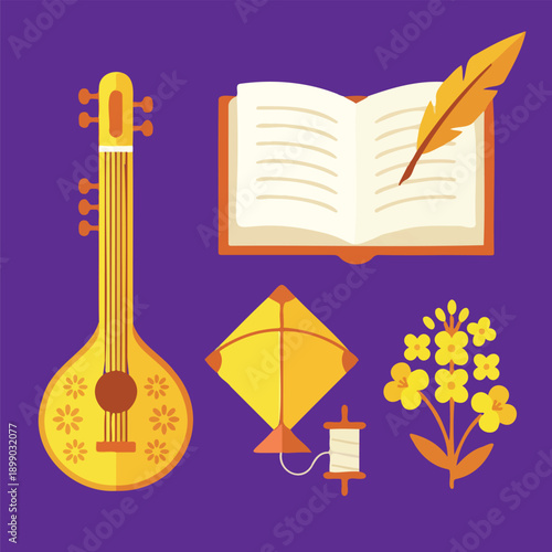 Vasant Panchami Festival Elements with Veena Book Kite and Mustard Flowers
