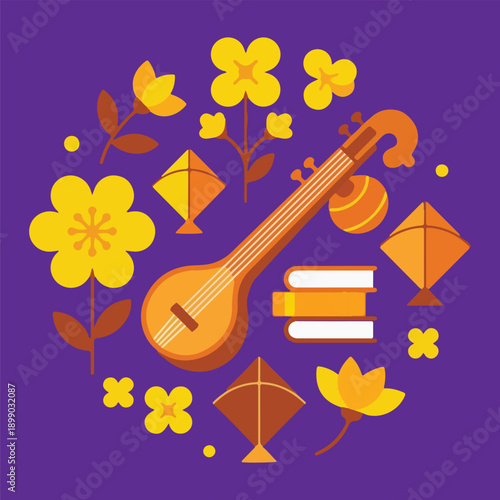 Vasant Panchami Festival Illustration with Veena Kites Books and Yellow Flowers