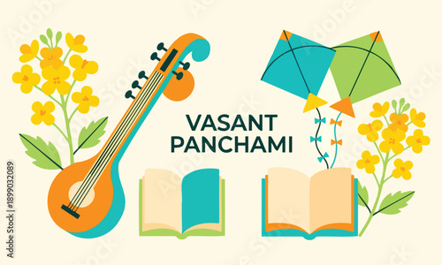 Vasant Panchami Festival Illustration with Veena, Kites, and Yellow Flowers