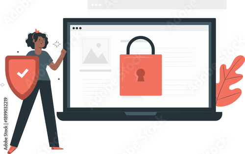 Woman securing laptop with shield and lock, protecting digital data