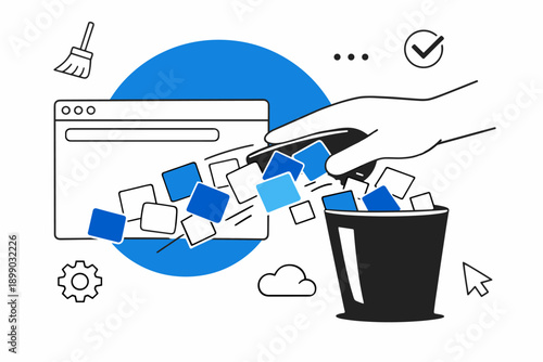 Hand decluttering digital files into trash bin with web interface elements