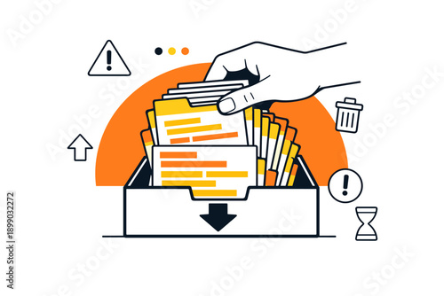 Hand organizing digital files into folder with alert icons and symbols