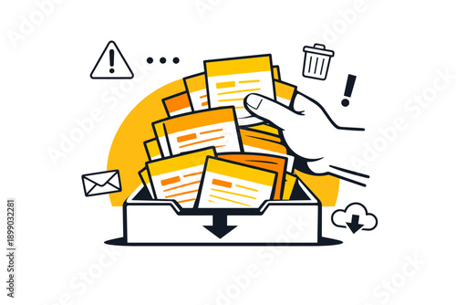 Digital mailbox overload with documents and alert icons illustration