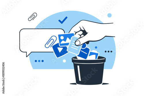 Hand disposing digital files into bin with speech bubble and checkmark