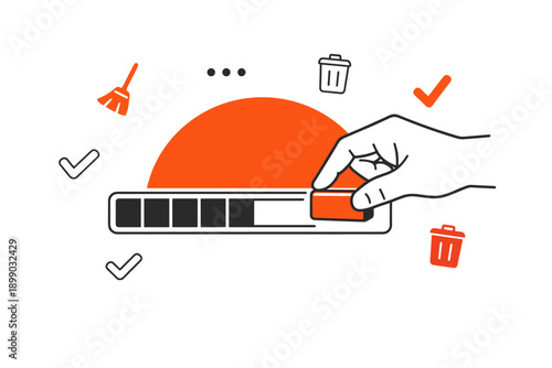 Hand adjusting progress bar with cleaning and deletion icons
