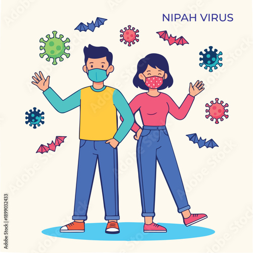 Illustration of People Wearing Protective Masks Against Nipah Virus Outbreak