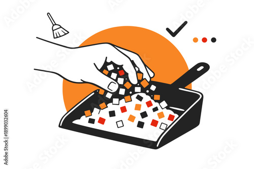 Hand cleaning with dustpan and brush - simplistic vector art