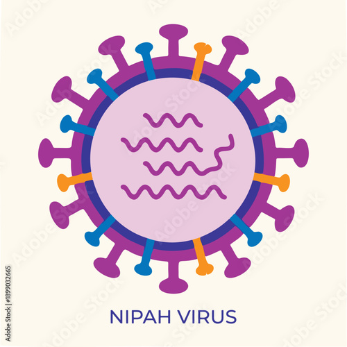 Nipah Virus Vector Illustration Showing Microscopic Viral Structure and Glycoprotein Spikes