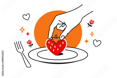 Illustration of hand placing strawberry on plate with heart and rose accents