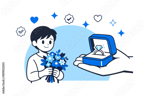 Young asian male proposing with flowers and engagement ring