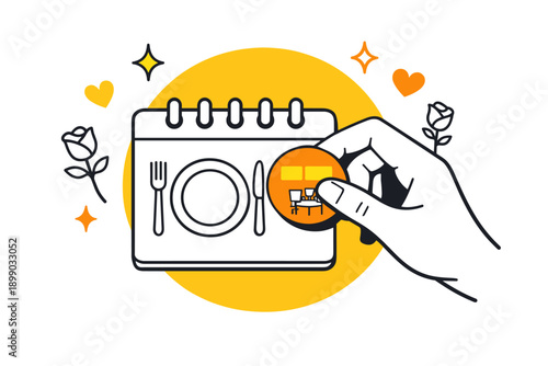 Dining reservation concept with calendar, hand icon, and restaurant elements