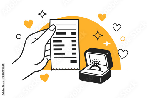 Romantic proposal concept with engagement ring and marriage receipt