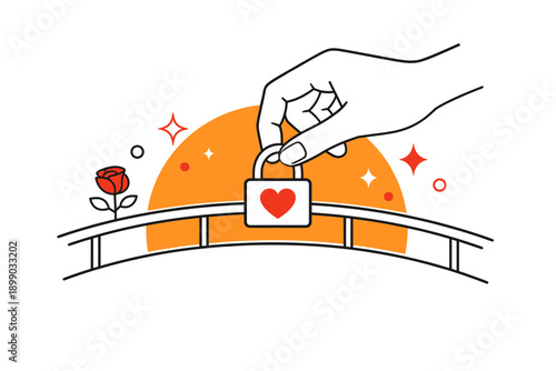 Hand placing heart lock on bridge with red rose and orange circle background