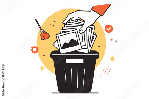 Hand disposing photos into trash bin with broom and icons