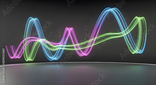 Abstract 3D Render of Glowing Blue, Green, and Pink Wavy Lines isolated PNG with Transparent Background