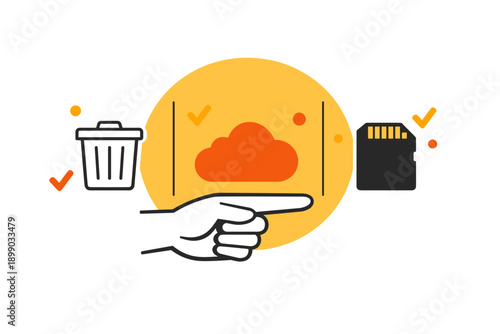 Data management concept with cloud storage, trash bin, and memory card icons