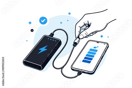 Hand charging smartphone with power bank and battery icon