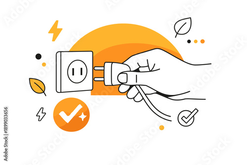 Hand holding power plug near outlet with eco symbols and orange circle background