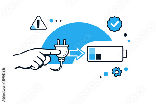 Hand charging battery illustration with plug and icons