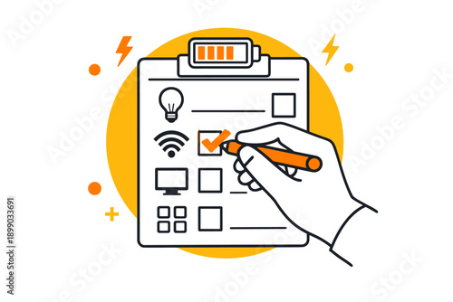 Hand checking smart device features on checklist with charging icon