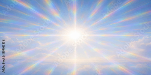 Bright sun shining through clouds in a blue summer sky