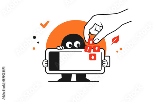 Playful illustration of cartoon character charging giant smartphone with apps