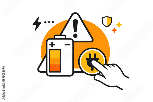 Battery connection alert: icon of hand plugging into charging symbol with warning sign