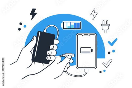 Hands connecting power bank to smartphone with charging symbols