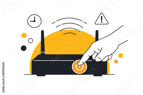 Hand turning on wireless router with signal indicators and alert icons
