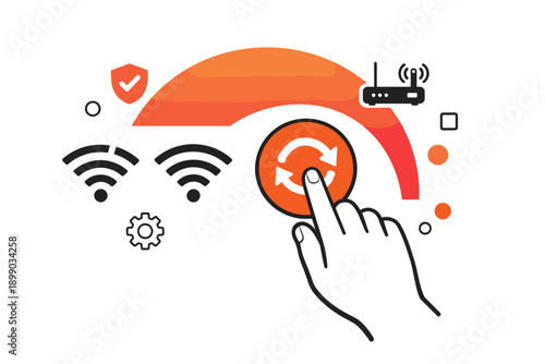 Hand interacting with wifi router icon for network connection and resetting