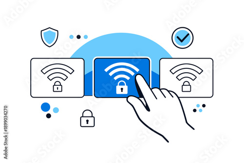 Hand selecting secure wi-fi network with lock icons and blue accents