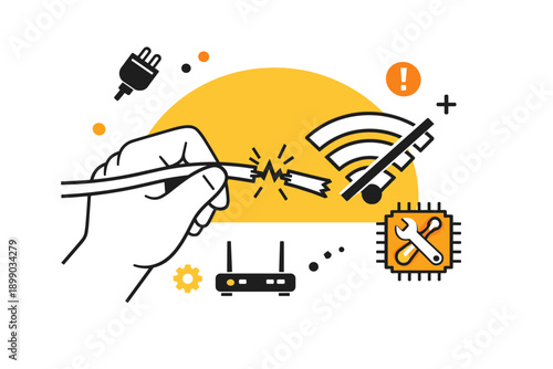 Hand breaking internet cable with wi-fi connection issues and repair symbols