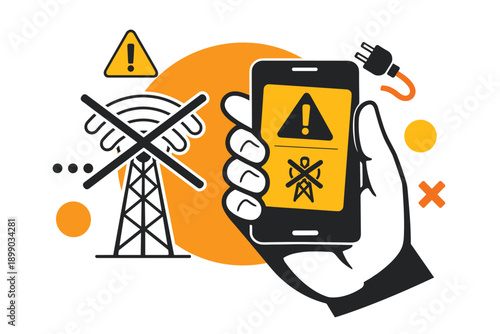 Mobile radiation alert symbol with handheld device and transmission tower illustration