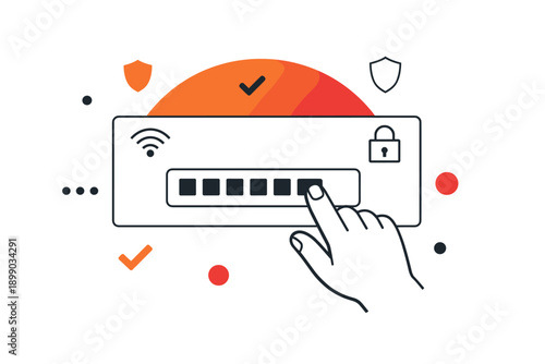 Finger pressing digital password entry with security icons and wi-fi symbol