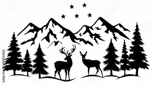 Majestic deer stand before mountains under starry night sky