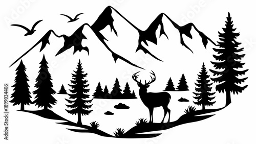 Majestic deer standing in serene mountain forest landscape