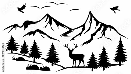 Majestic mountain landscape with deer and trees in serene wilderness
