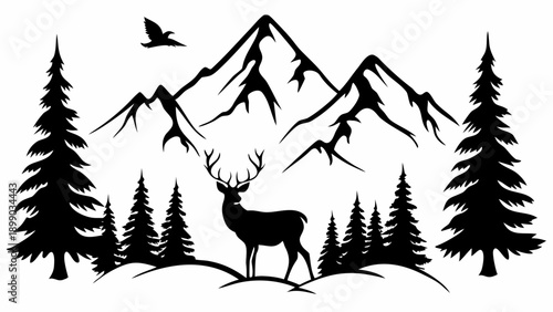 Majestic deer stands proudly in forest with mountains