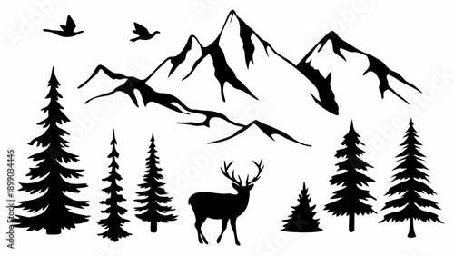 Serene mountain landscape with deer and trees in silhouette