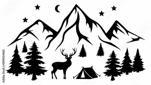 Serene mountain landscape with deer and tent under starry night sky