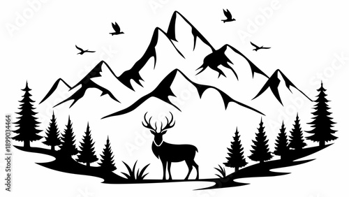 Majestic deer stands proudly in serene mountain forest landscape