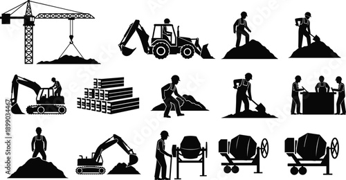Construction Site Icons Set with Builders Workers Heavy Machinery Excavators Cranes Concrete Mixers and Industrial Equipment Silhouettes for Civil Engineering Projects
