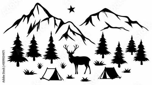 Serene mountain landscape with deer and campsite under starry night