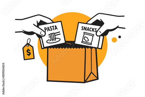 Food donation concept with hands offering pasta and snacks into grocery bag