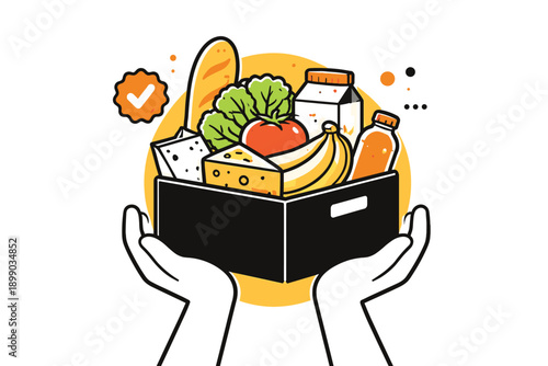 Illustrated box of groceries with fresh produce and dairy products