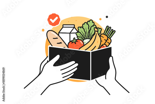 Hands holding grocery box with fruits, vegetables, and milk