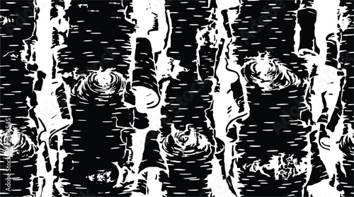 Black and white paper birch bark texture. Close-up pattern of tree bark with knot and lenticels.